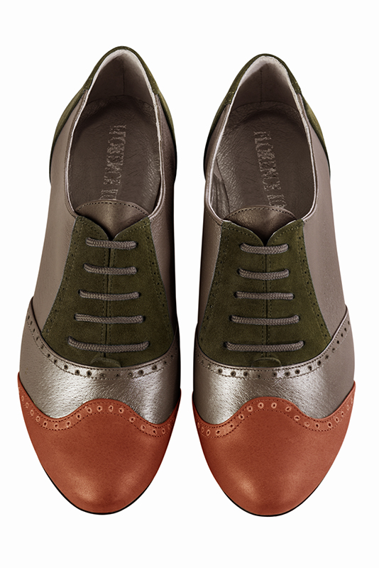 Terracotta orange, bronze gold and khaki green women's fashion lace-up shoes. Round toe. Flat leather soles. Top view - Florence KOOIJMAN